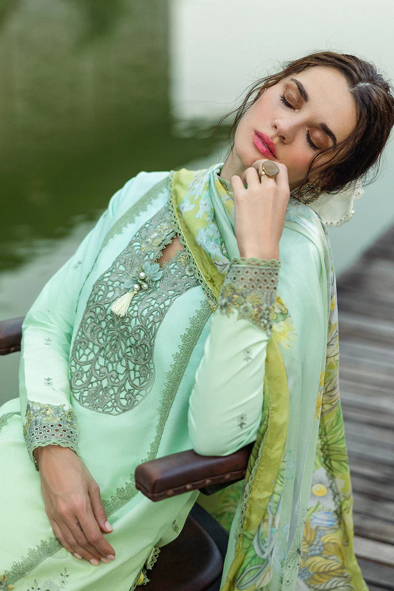 Model wearing ombre mint and yellow Unione dress from Mushq Solace Ombre Chikankari, Pakistani Luxury pret, Pakistani clothes online in UK.