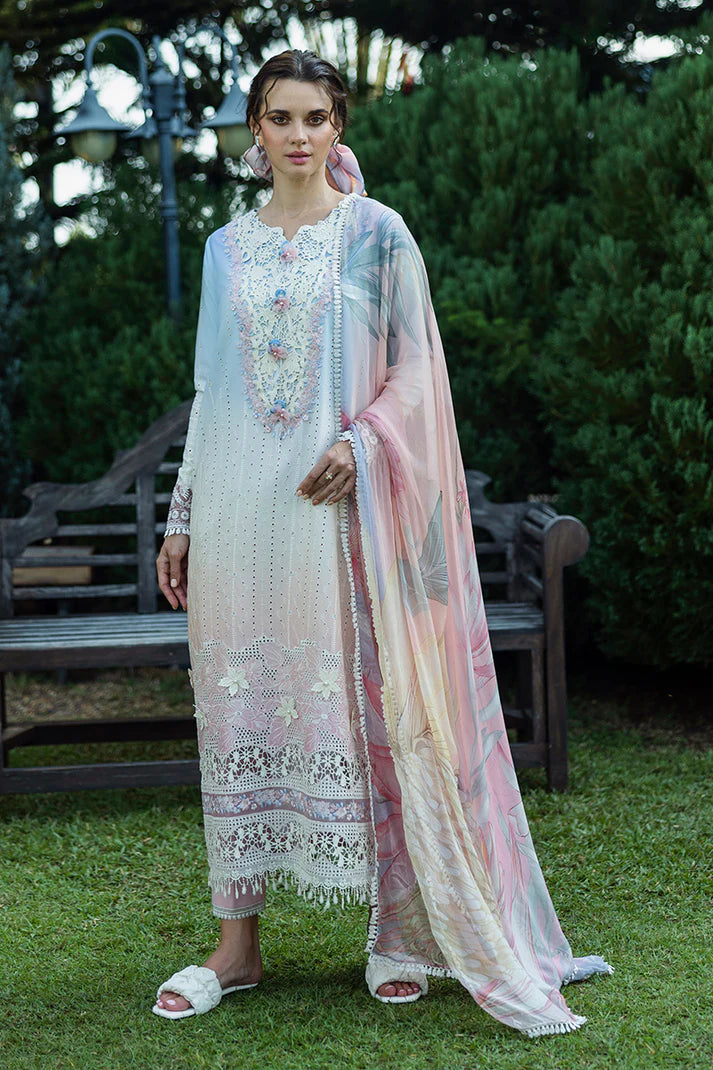 Model wearing ombre white and pastel pink Purezza dress from Mushq Solace Ombre Chikankari, Pakistani Luxury pret, Pakistani clothes online in UK.