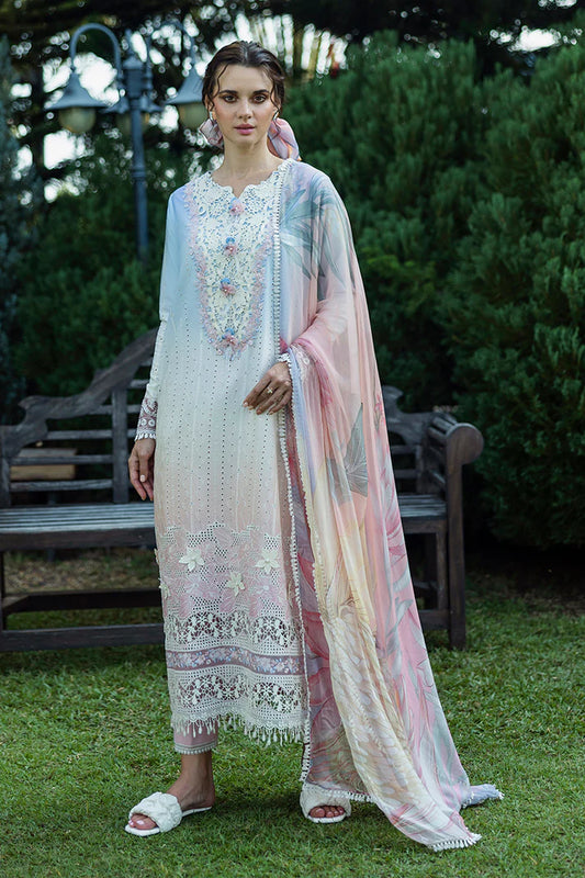 Model wearing ombre white and pastel pink Purezza dress from Mushq Solace Ombre Chikankari, Pakistani Luxury pret, Pakistani clothes online in UK.