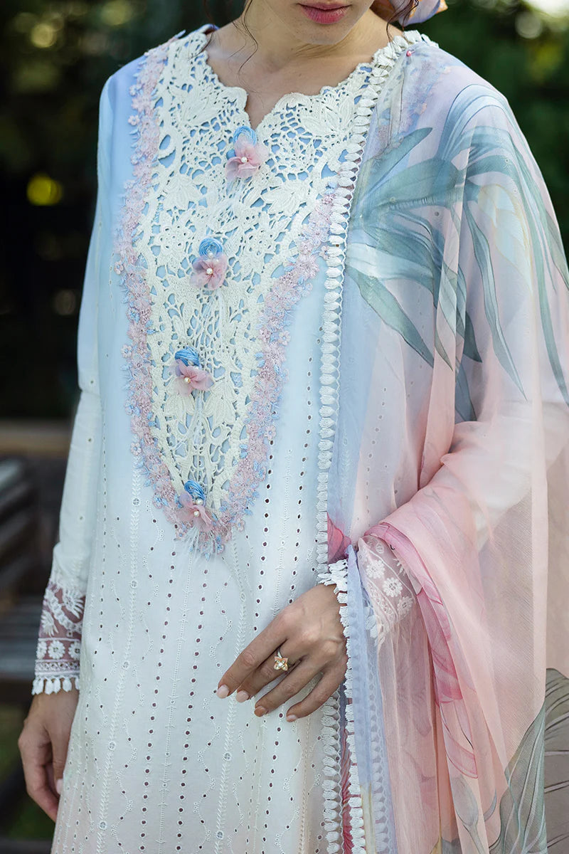 Model wearing ombre white and pastel pink Purezza dress from Mushq Solace Ombre Chikankari, Pakistani Luxury pret, Pakistani clothes online in UK.