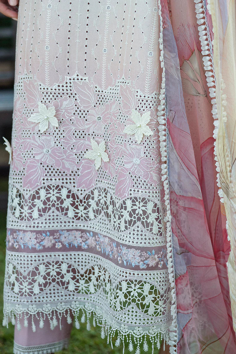 Model wearing ombre white and pastel pink Purezza dress from Mushq Solace Ombre Chikankari, Pakistani Luxury pret, Pakistani clothes online in UK.