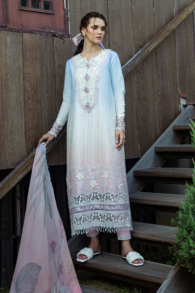 Model wearing ombre white and pastel pink Purezza dress from Mushq Solace Ombre Chikankari, Pakistani Luxury pret, Pakistani clothes online in UK.