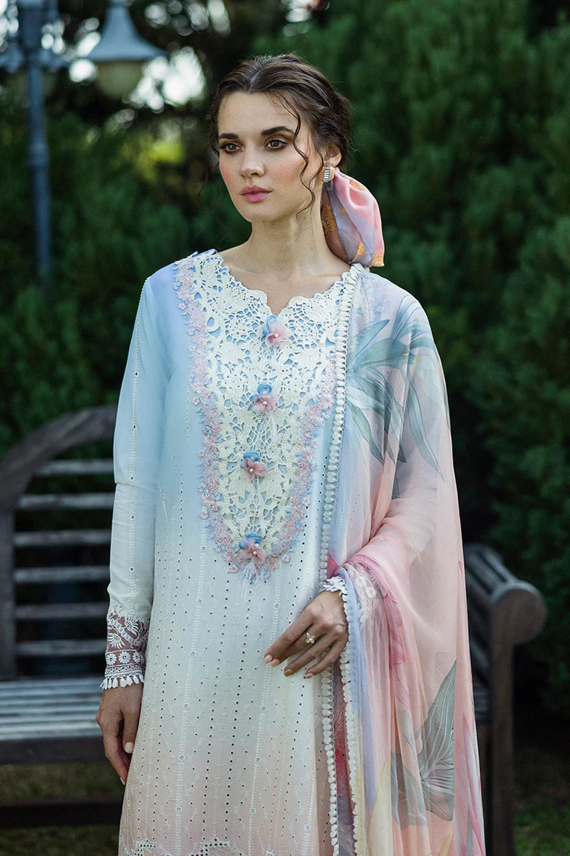 Model wearing ombre white and pastel pink Purezza dress from Mushq Solace Ombre Chikankari, Pakistani Luxury pret, Pakistani clothes online in UK.