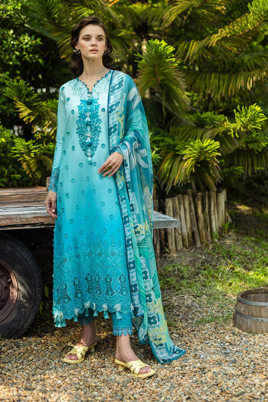 Model wearing ombre turquoise blue Amore dress from Mushq Solace Ombre Chikankari, Pakistani Luxury pret, Pakistani clothes online in UK.