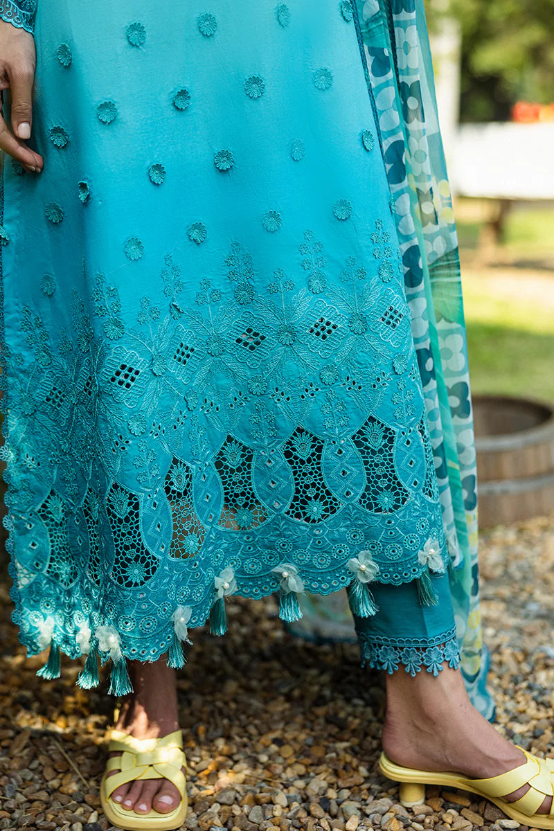 Model wearing ombre turquoise blue Amore dress from Mushq Solace Ombre Chikankari, Pakistani Luxury pret, Pakistani clothes online in UK.