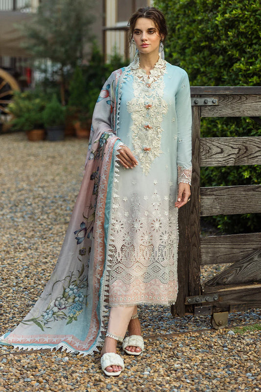 Model wearing pastel ombre blue Casa dress from Mushq Solace Ombre Chikankari, Pakistani Luxury pret, Pakistani clothes online in UK.