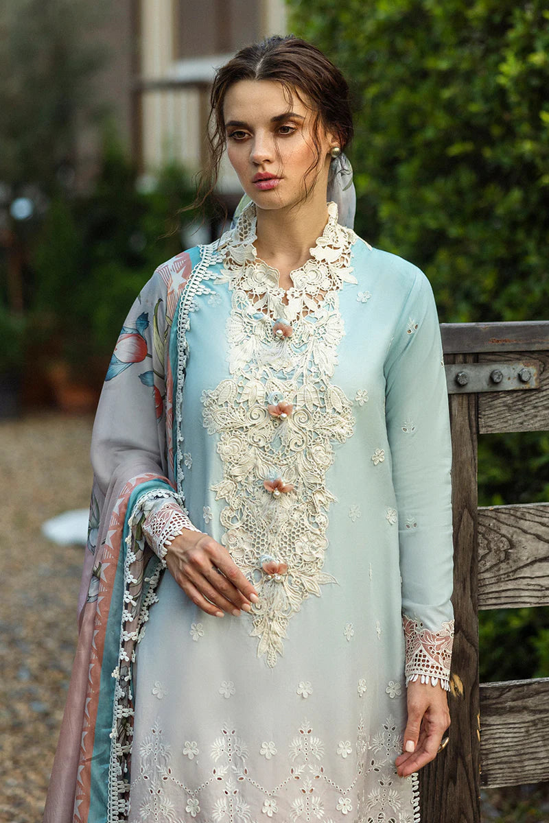 Model wearing pastel ombre blue Casa dress from Mushq Solace Ombre Chikankari, Pakistani Luxury pret, Pakistani clothes online in UK.