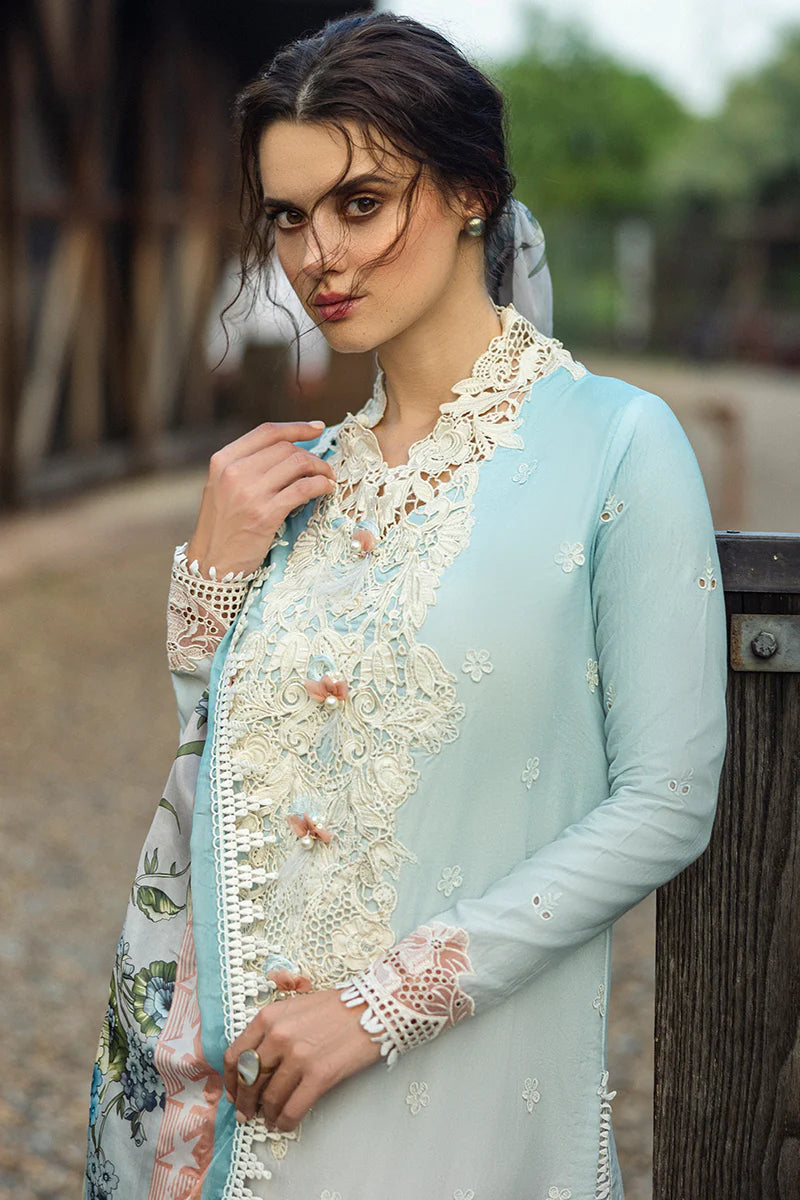 Model wearing pastel ombre blue Casa dress from Mushq Solace Ombre Chikankari, Pakistani Luxury pret, Pakistani clothes online in UK.