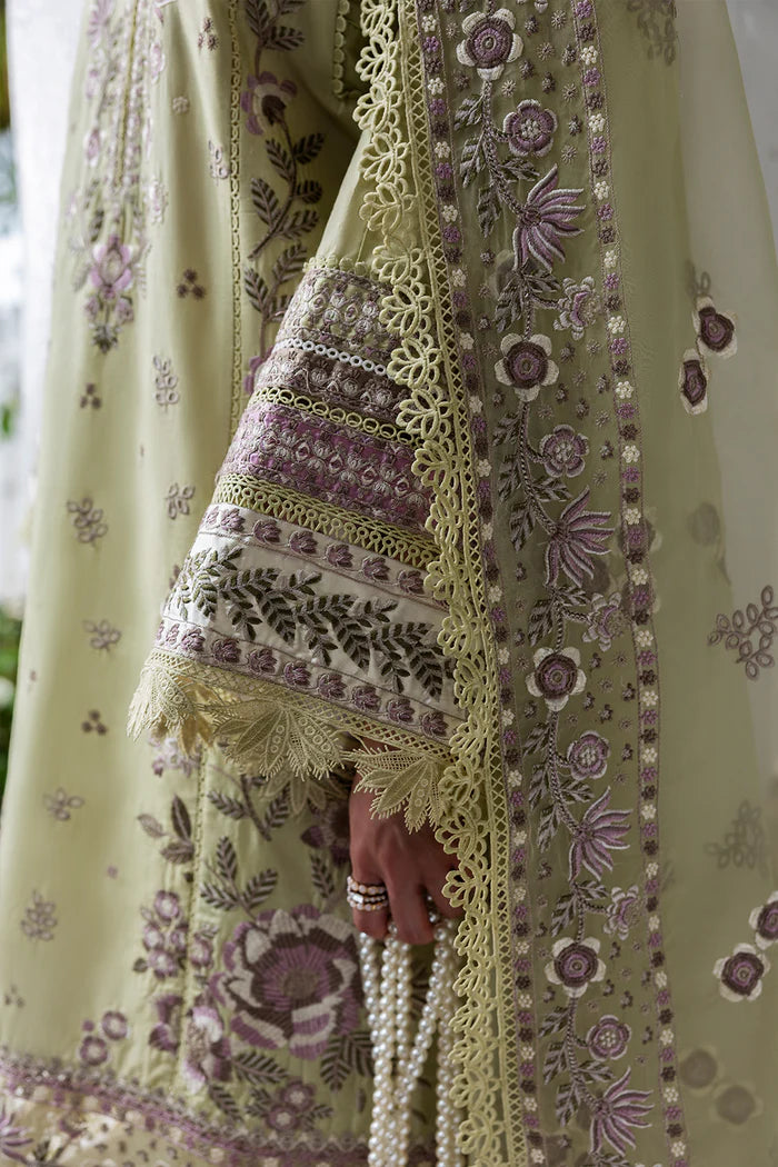 Model wearing soft lime green Saira Rizwan ELAN SREP01-25 from Sajri Eid Pret '25, Pakistani luxury pret, shop Pakistani clothes online in UK.