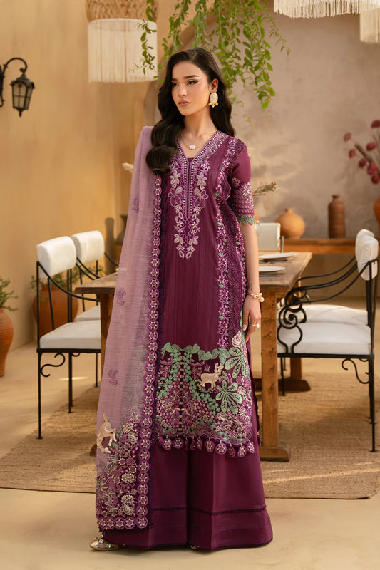 Model wearing plum purple embroidered dress with lavender dupatta from Saira Rizwan, Pakistani luxury pret, Pakistani clothes online in UK.