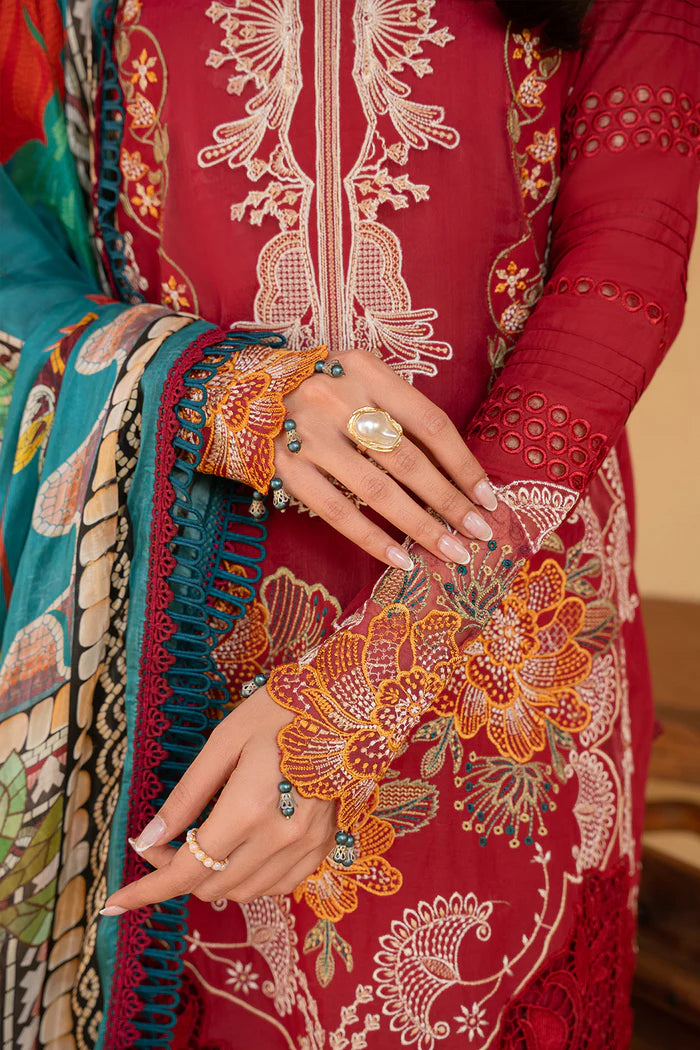 Model wearing maroon embroidered three-piece suit with printed dupatta from Saira Rizwan, Pakistani luxury pret, Pakistani clothes online in UK.