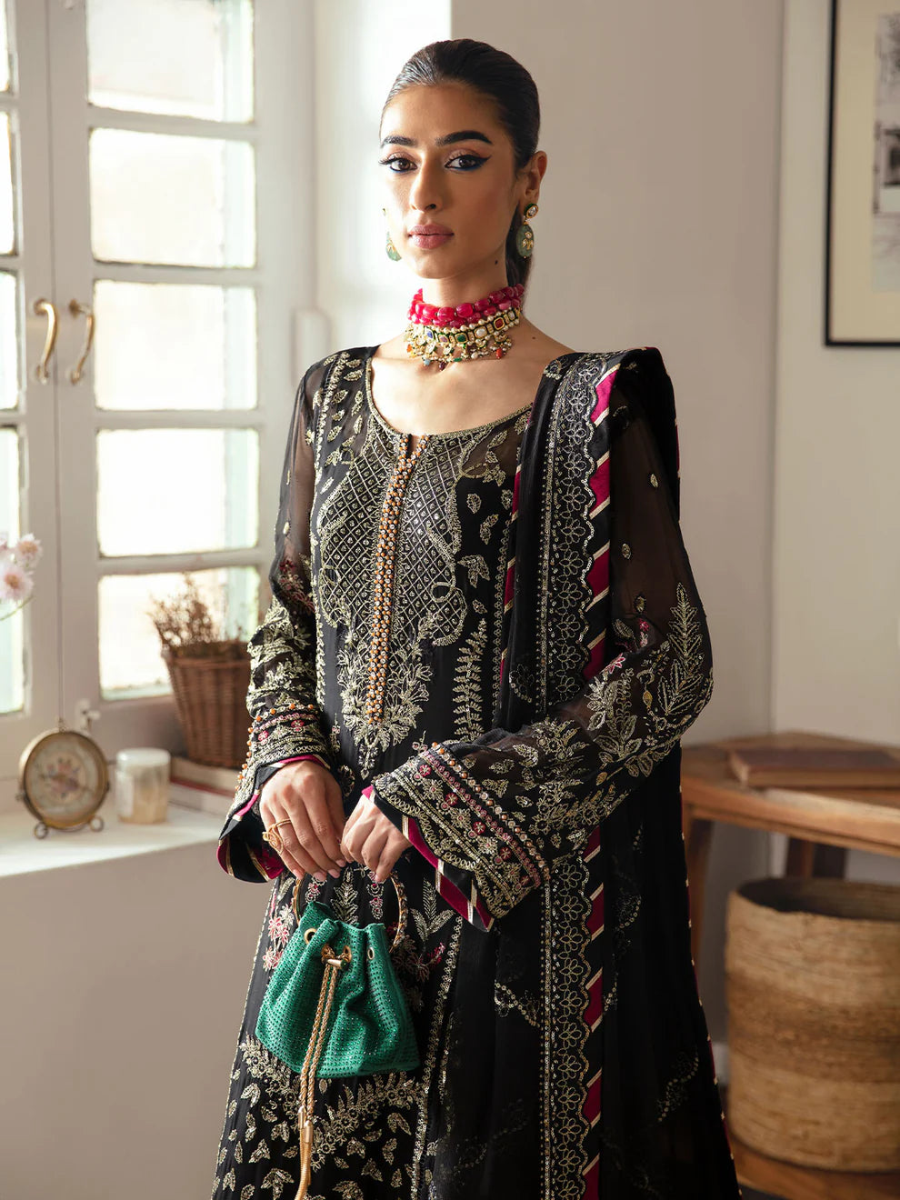 Model in Gulaal UK NOIR, elegant black embroidered chiffon, from '23 V1 Pakistani clothes UK.