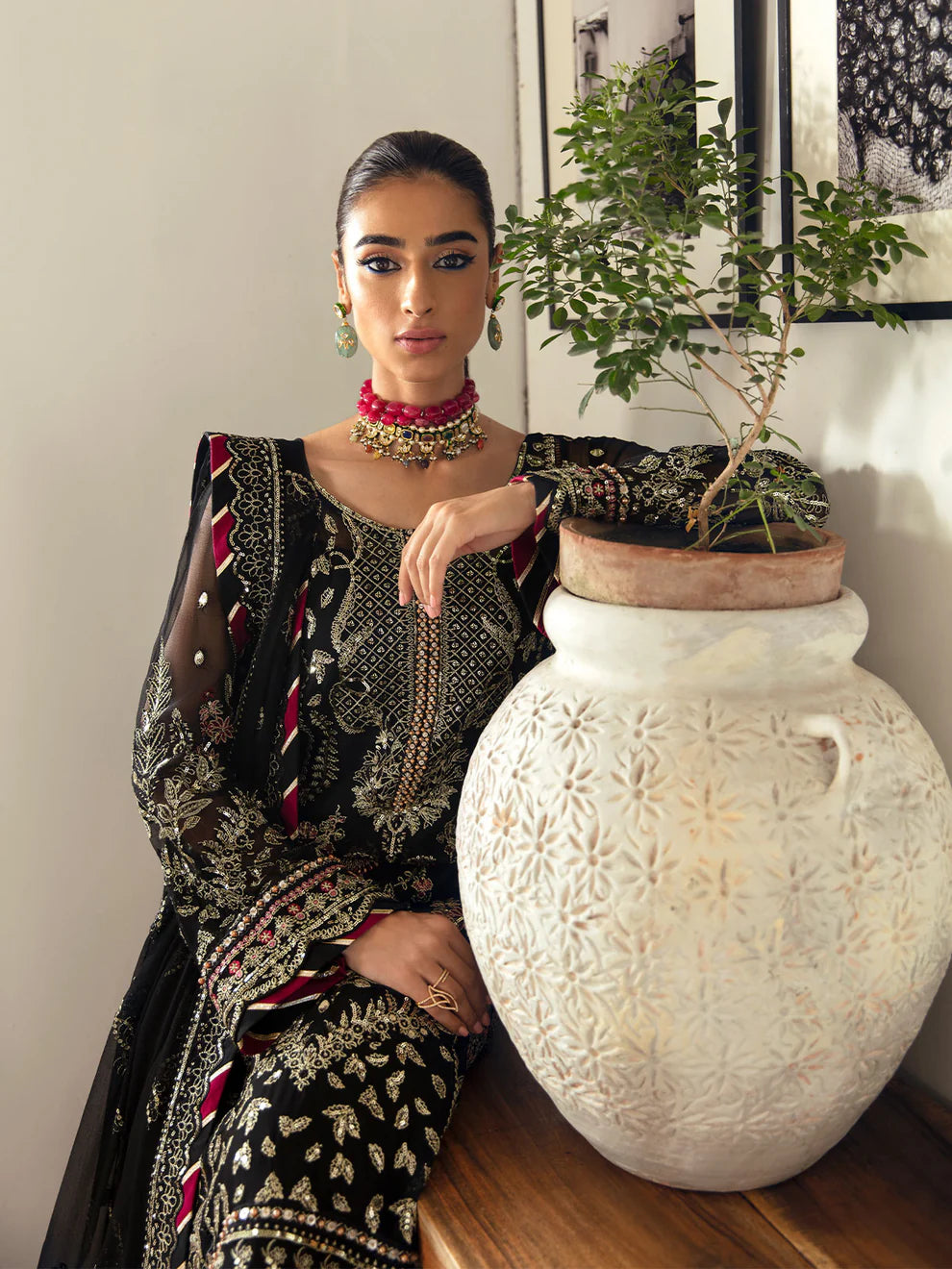 Model in Gulaal UK NOIR, elegant black embroidered chiffon, from '23 V1 Pakistani clothes UK.