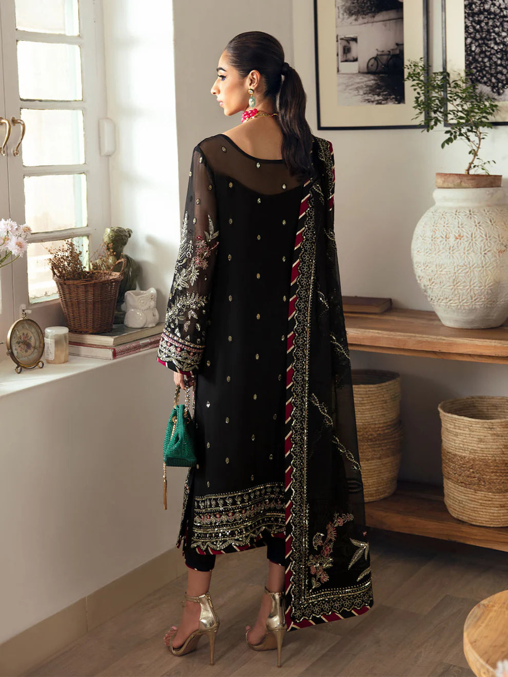 Model in Gulaal UK NOIR, elegant black embroidered chiffon, from '23 V1 Pakistani clothes UK.