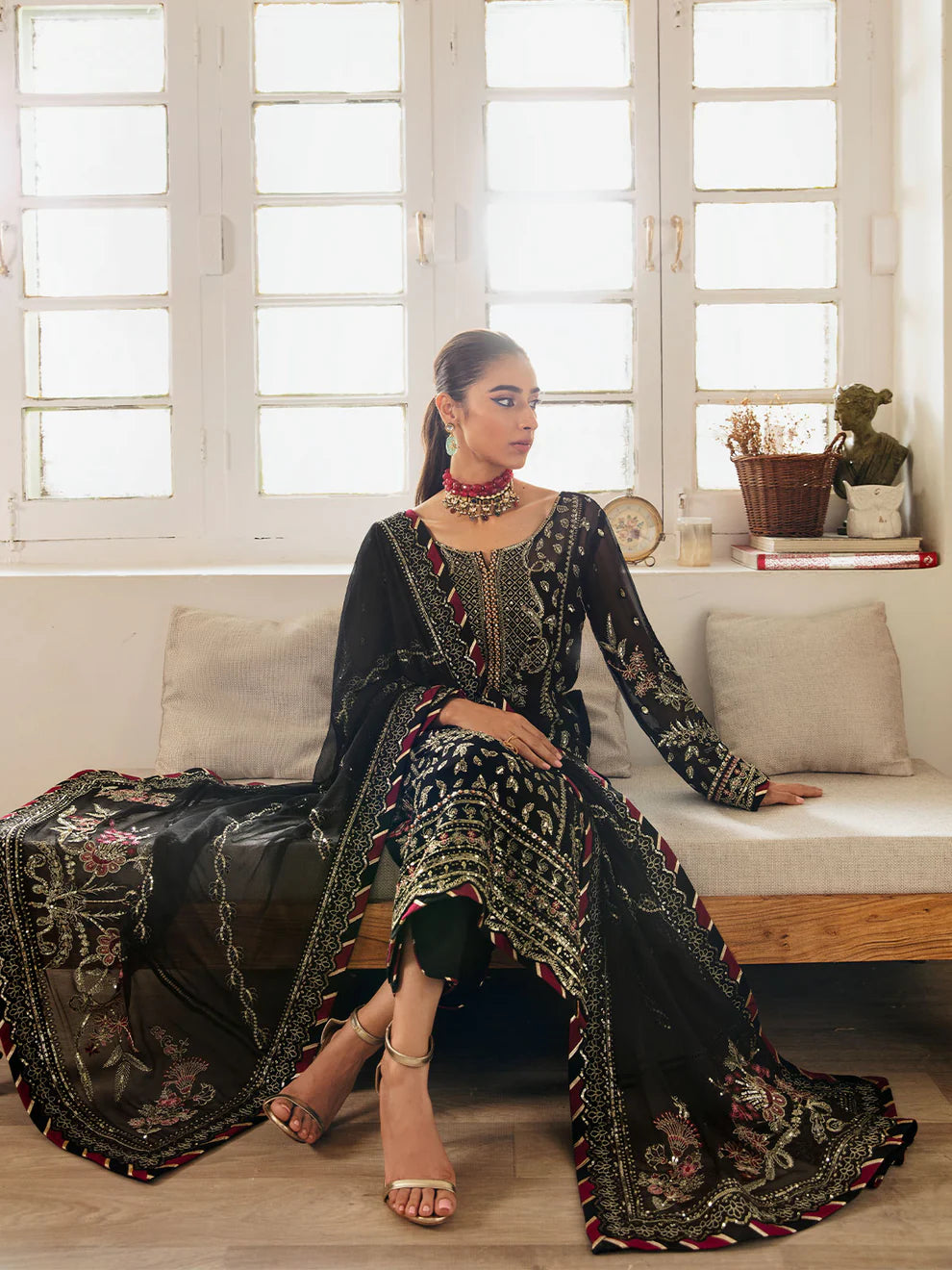 Model in Gulaal UK NOIR, elegant black embroidered chiffon, from '23 V1 Pakistani clothes UK.