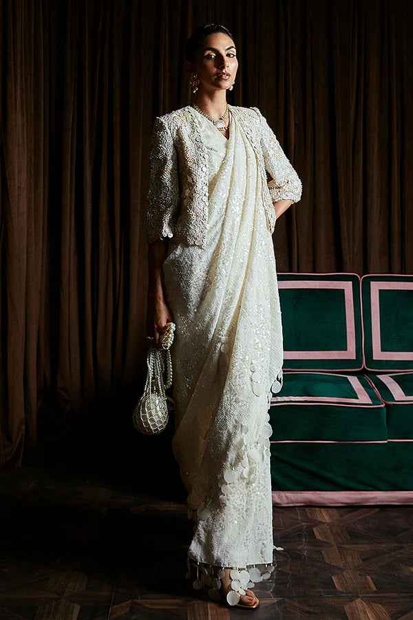 Model wearing Suffuse SERENA dress, a captivating piece from Luxury Pret '24. Pakistani couture online in UK.