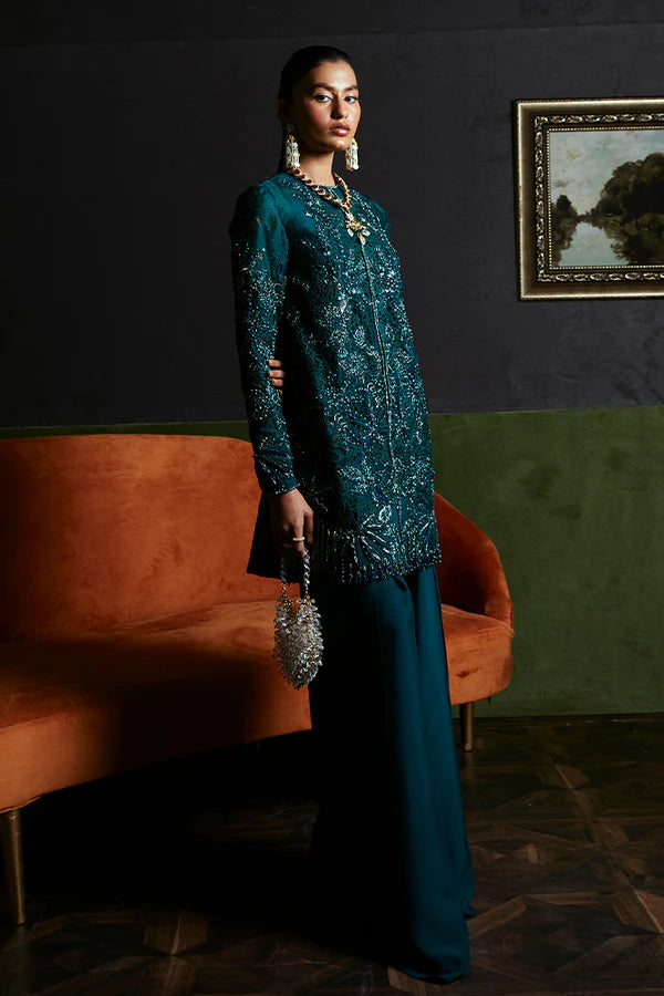 Model wearing Suffuse's JASMINE dress, a luxurious addition to Luxury Pret '24. Pakistani clothes online in UK.