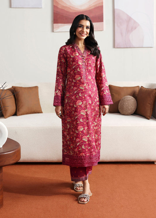Model wearing deep red floral printed outfit from Gulaal Basics | Cerise, Pakistani luxury pret perfect for Pakistani clothes online in UK.