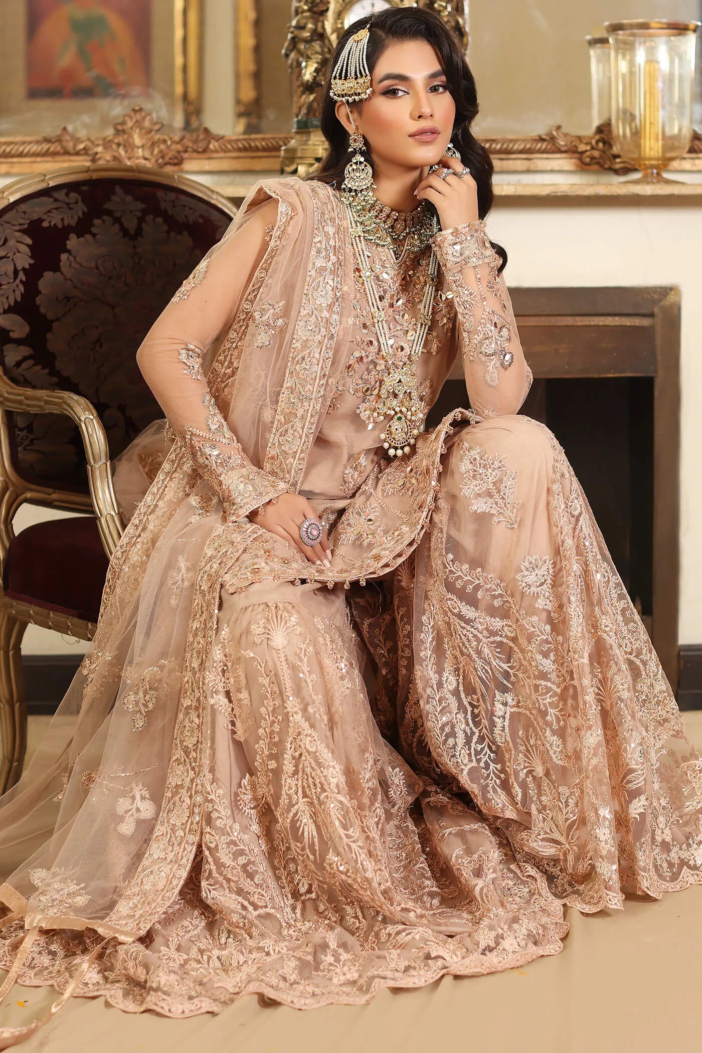 Model in Musferah Saad Radiant Rose soft pink Pakistani wedding dress, UK.