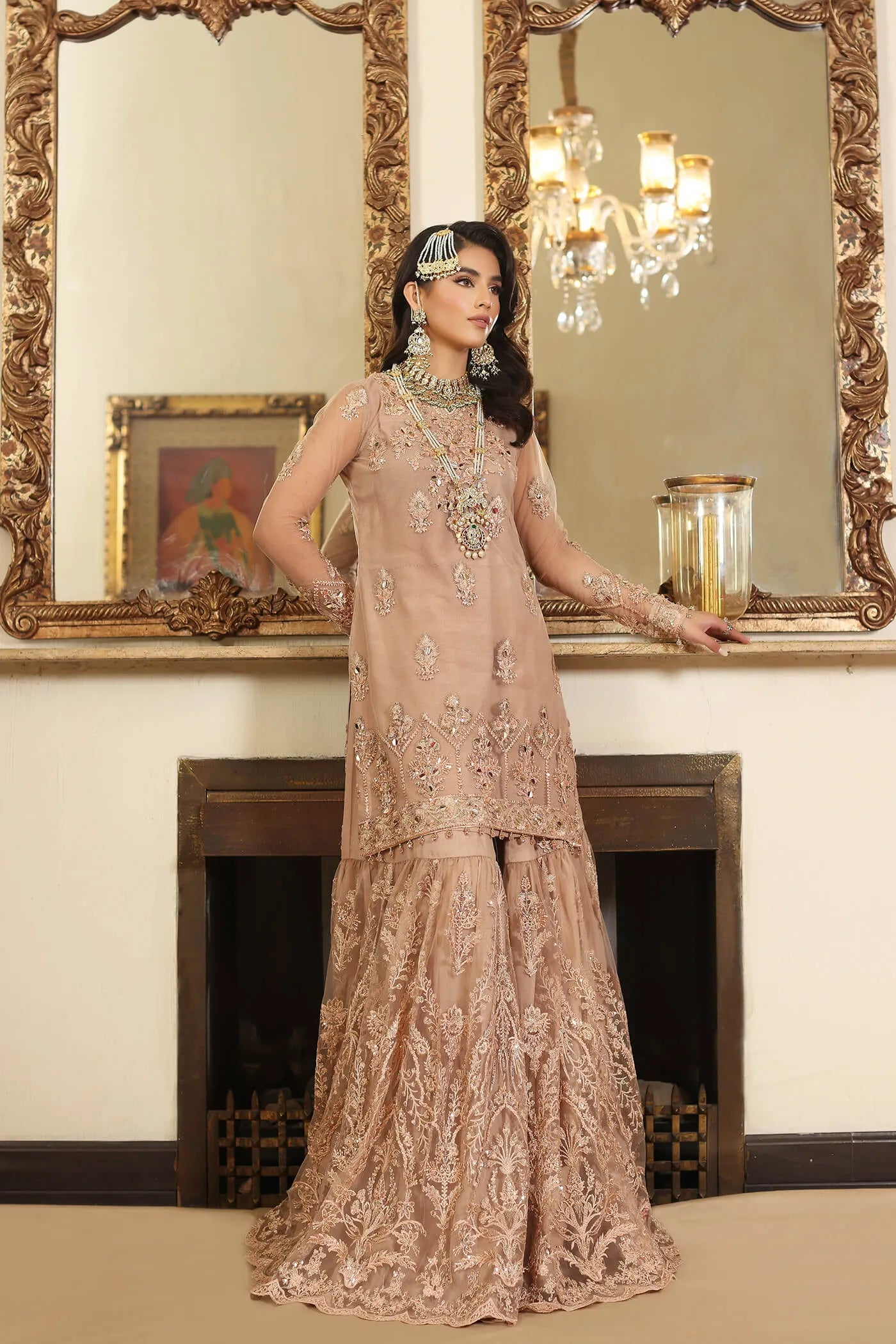 Model in Musferah Saad Radiant Rose soft pink Pakistani wedding dress, UK.