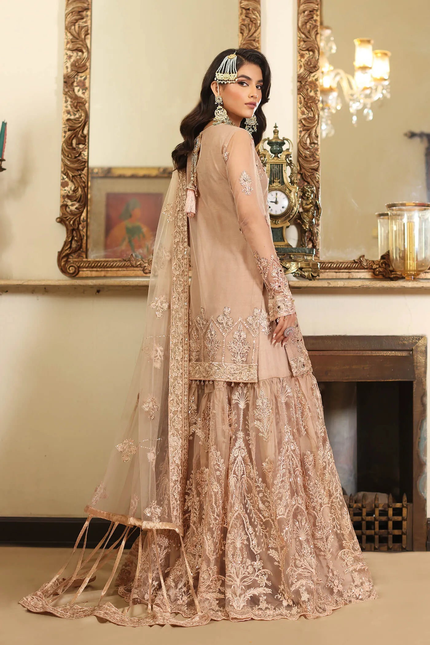 Model in Musferah Saad Radiant Rose soft pink Pakistani wedding dress, UK.