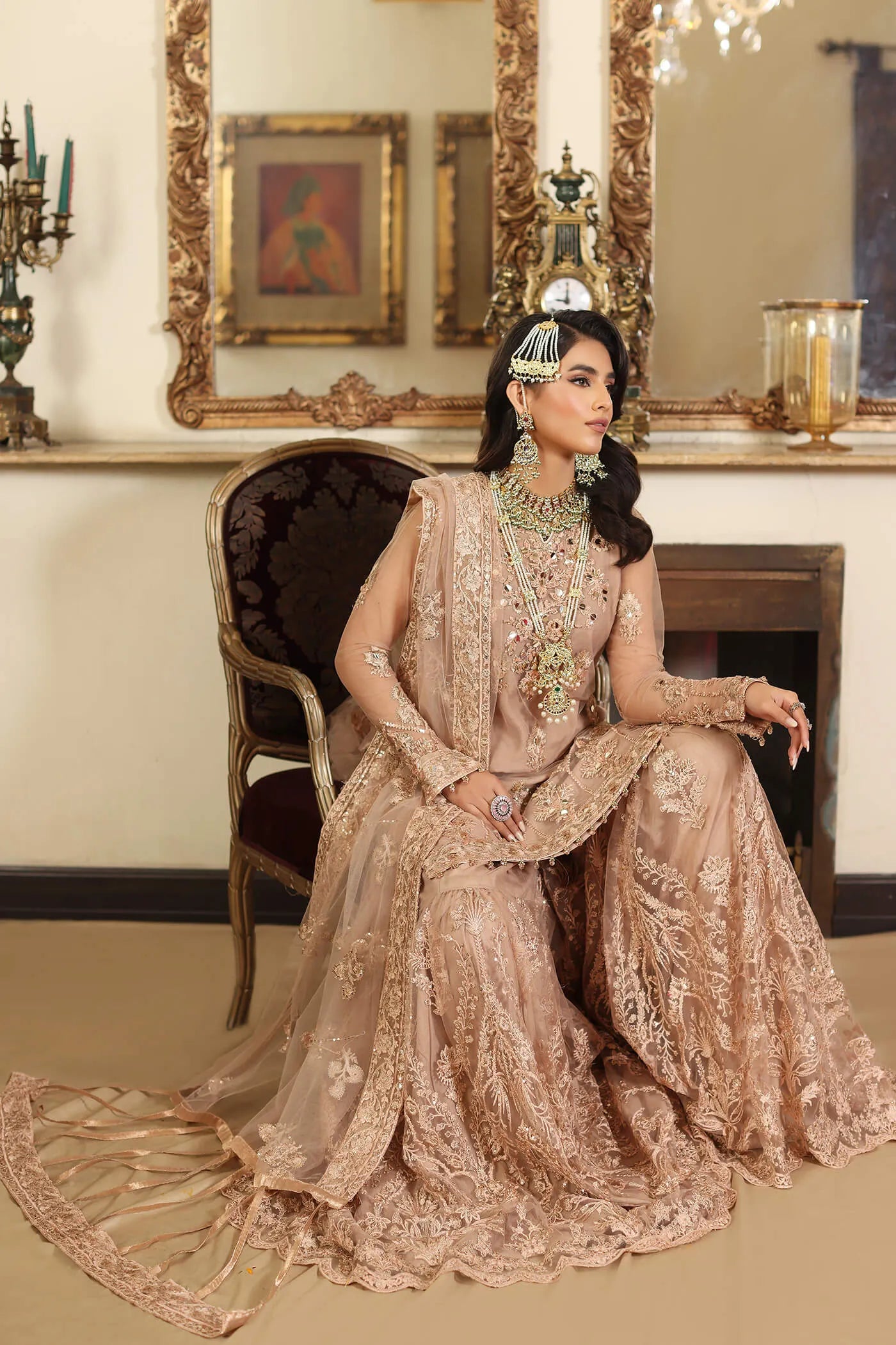 Model in Musferah Saad Radiant Rose soft pink Pakistani wedding dress, UK.