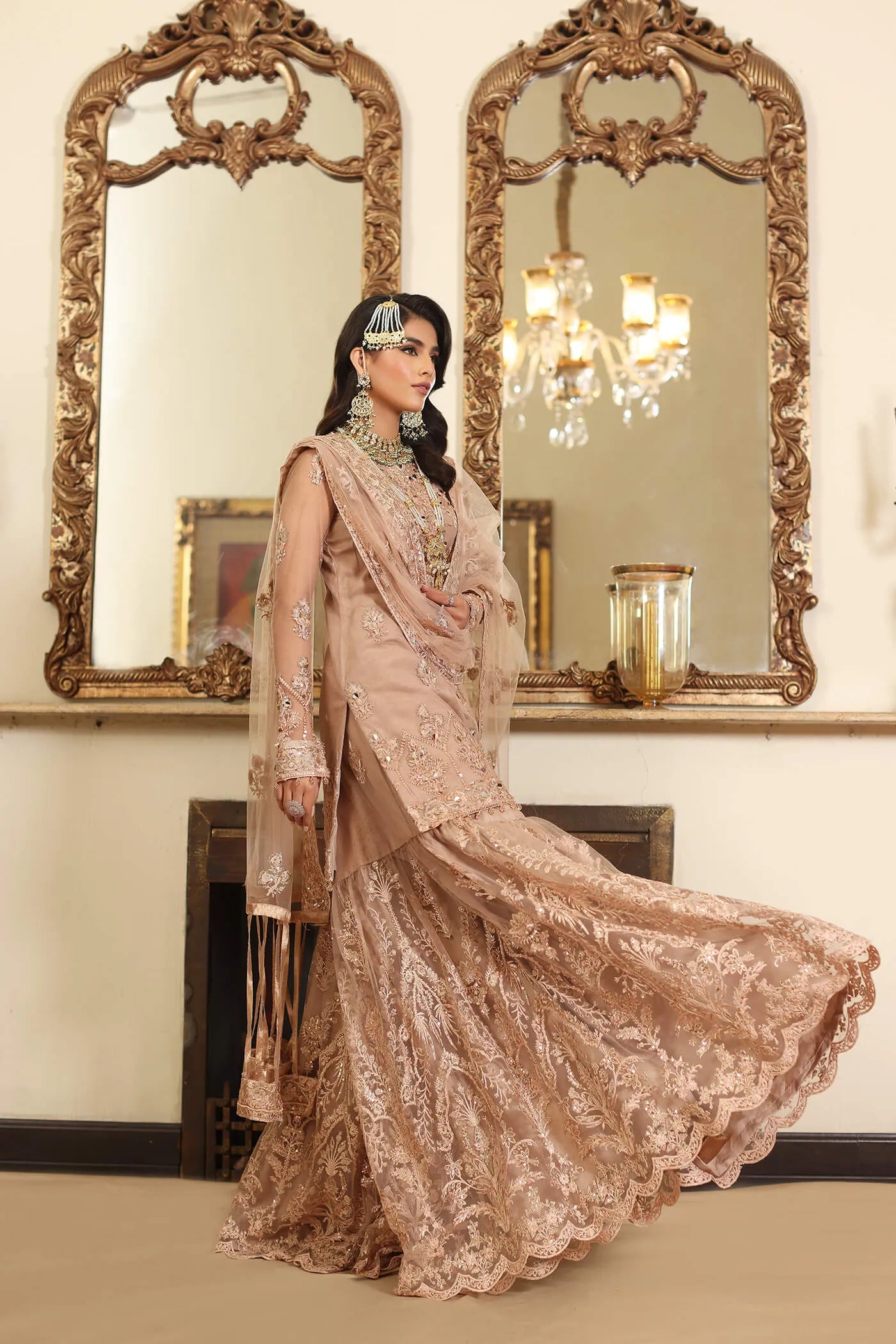 Model in Musferah Saad Radiant Rose soft pink Pakistani wedding dress, UK.