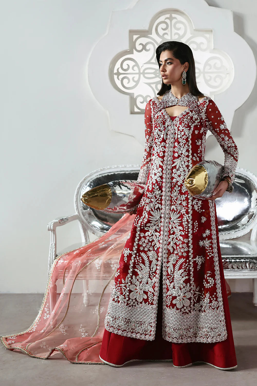 Model wearing Solara by Soraya in deep red with heavy white embroidery and peach dupatta – Pakistani luxury pret, shop online in UK.
