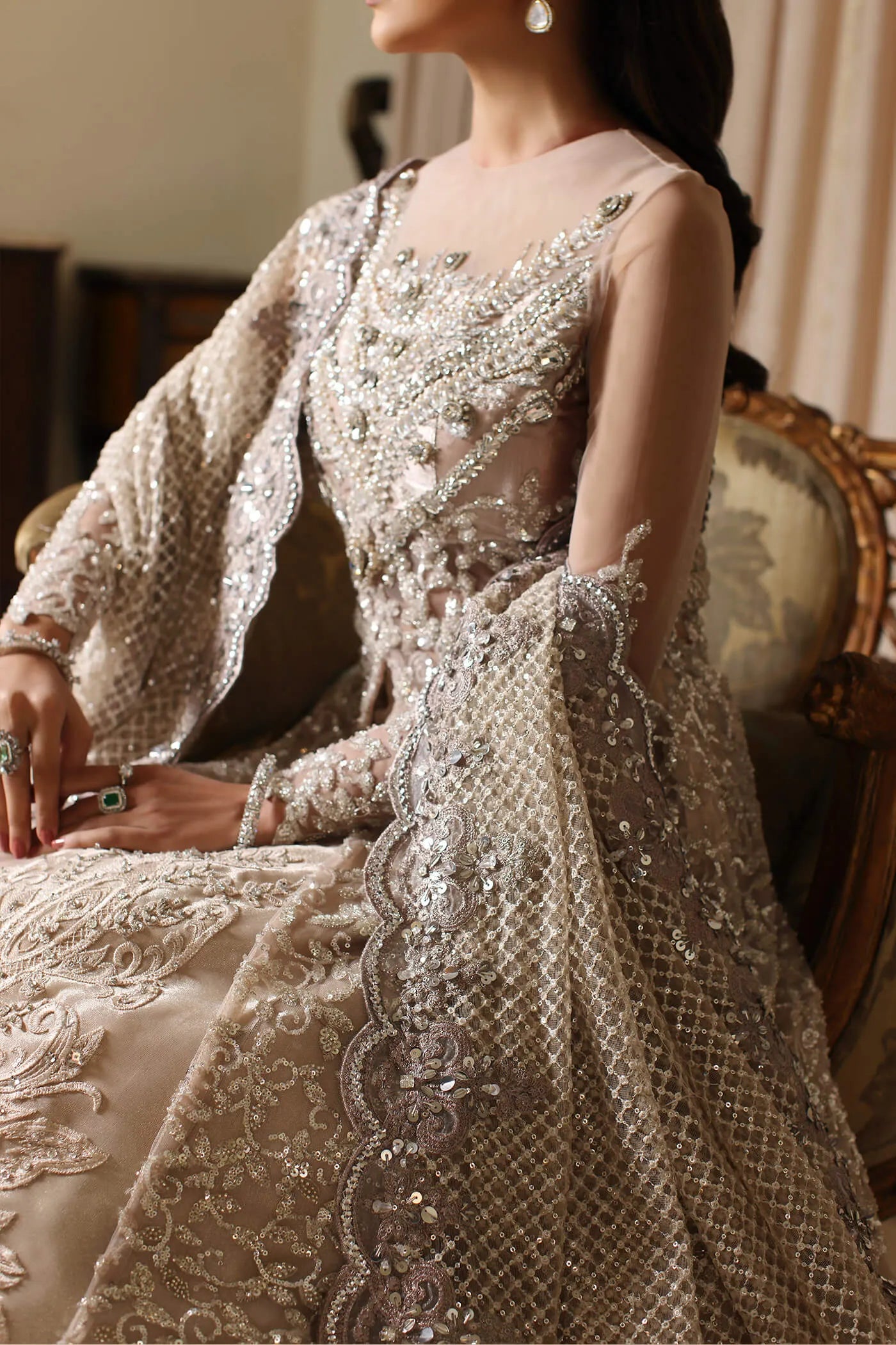 Model wearing The Modern Maharani's ROYAL ROSE, an equisite mold by Musferah Saad UK, Pakistani Clothes UK.