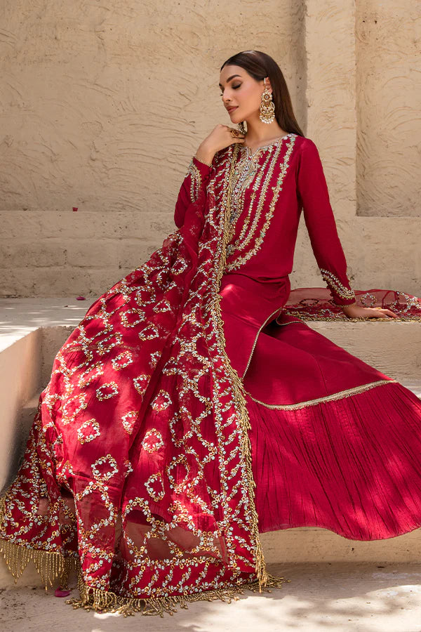 Model wearing Saffron Perissa Rose Gold Satin dress, showcasing Pakistani clothes online in UK.