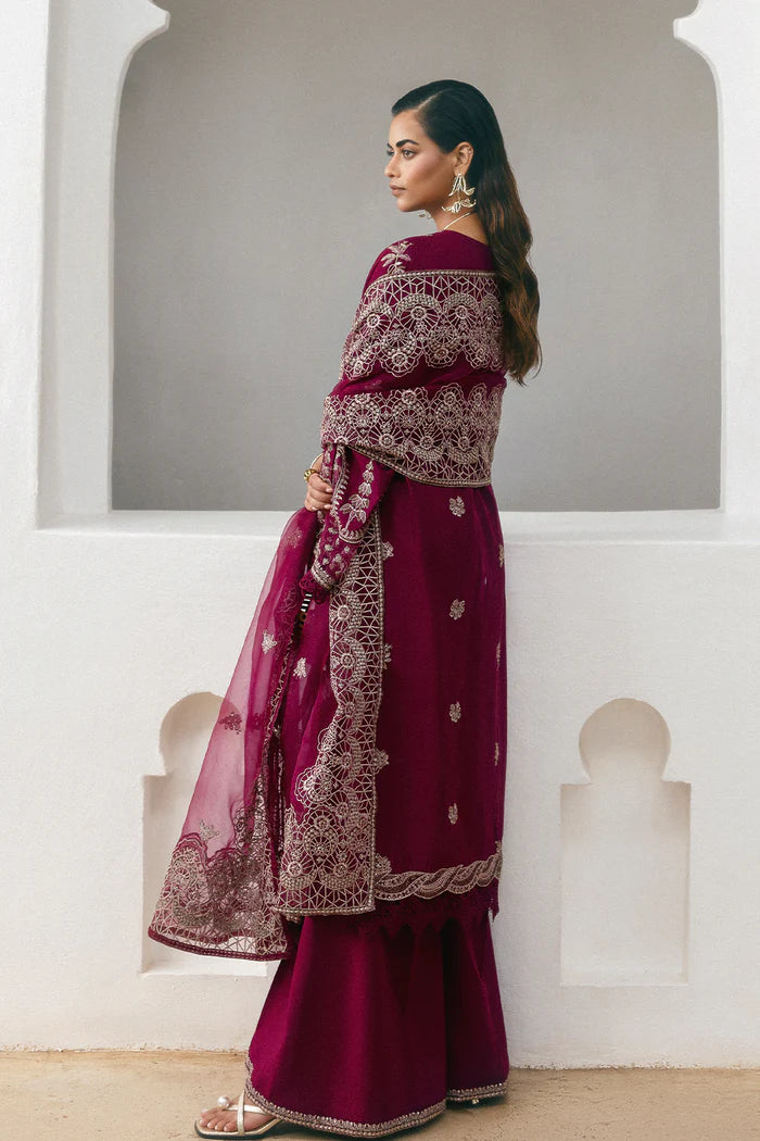 Model wearing deep maroon Saira Rizwan BELLA SREP03-25 from Sajri Eid Pret '25, Pakistani luxury pret, shop Saira Rizwan clothes online in UK.