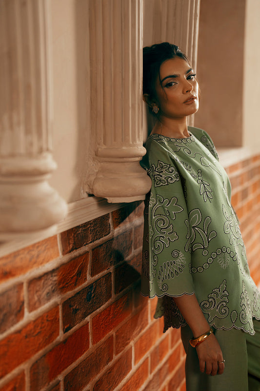 Model wearing apple green embroidered outfit from Saira Rizwan Joolie | JOOLIE GREEN - JBP25-10, Pakistani luxury pret online in UK.