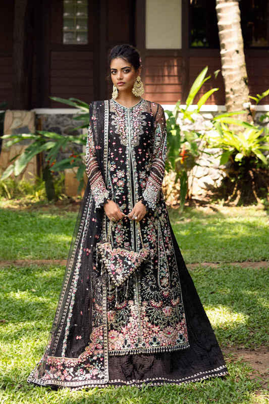 Model wearing Saira Rizwan AVINA-SRF25-02 in black with pastel floral embroidery – Pakistani luxury pret, shop online in UK.