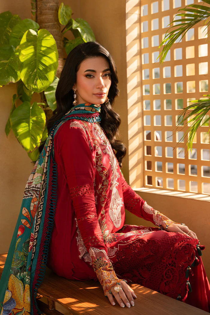 Model wearing maroon embroidered three-piece suit with printed dupatta from Saira Rizwan, Pakistani luxury pret, Pakistani clothes online in UK.