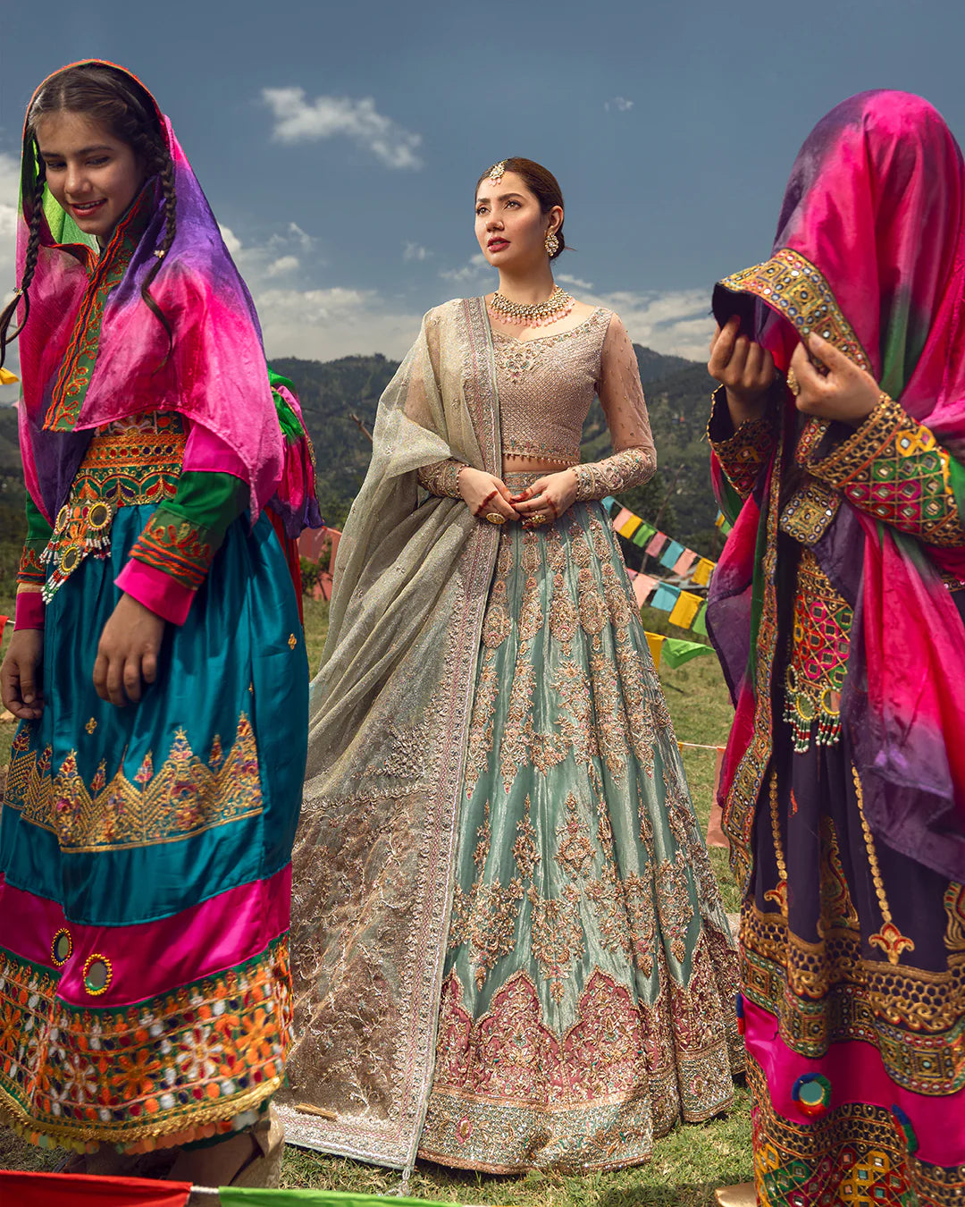 Model wearing mint green Mahro dress by Faiza Saqlain, Pakistani luxury pret online in UK, perfect for festive occasions.