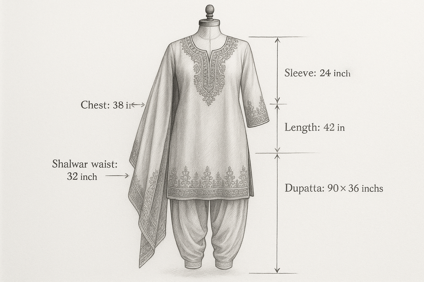 A traditional Pakistani outfit, pencil drawing with labeled measurements