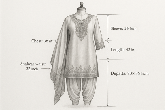 A traditional Pakistani outfit, pencil drawing with labeled measurements