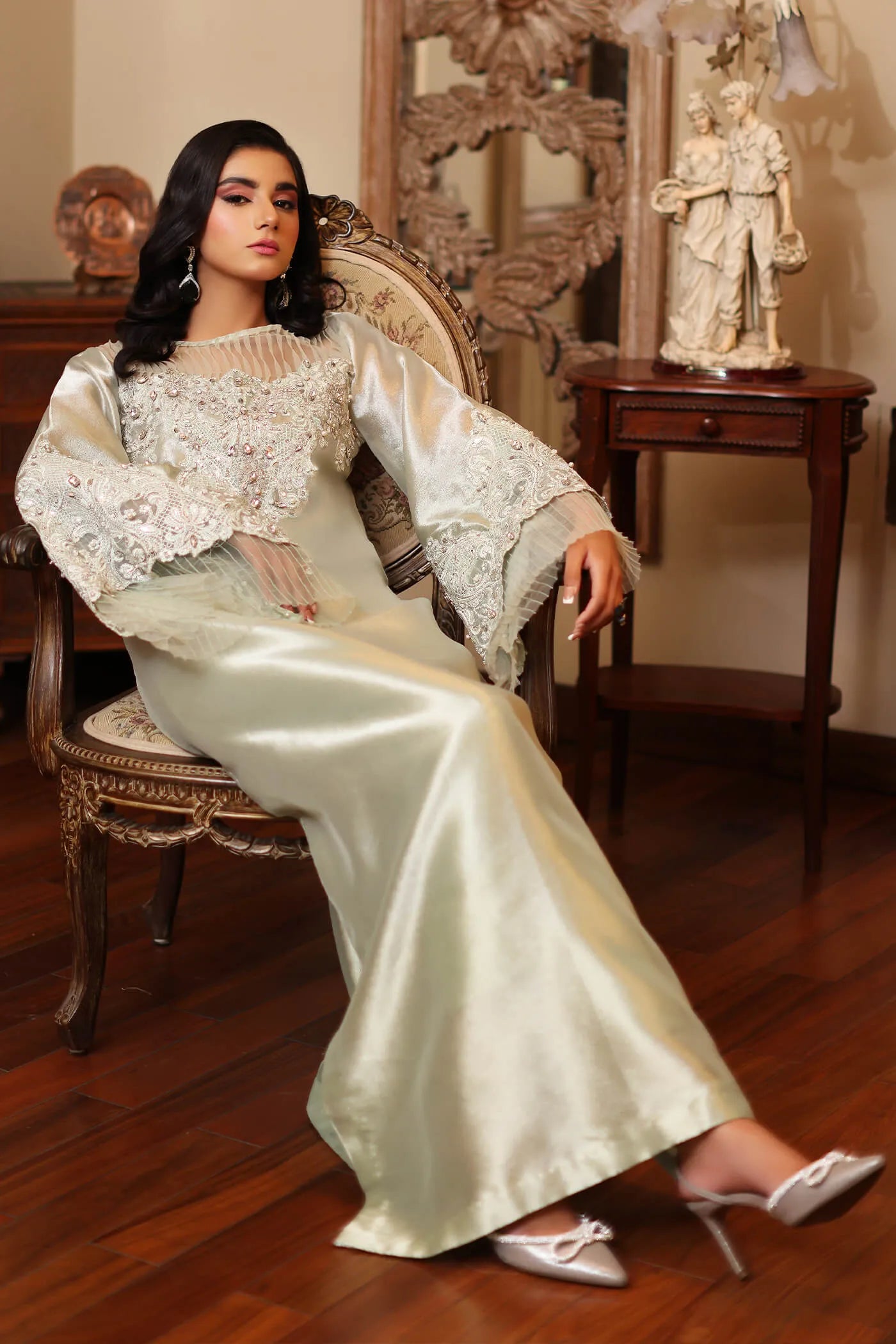 Model in AQUA SERENITY by Musferah Saad, a luxe Pakistani dress for UK's Eid.