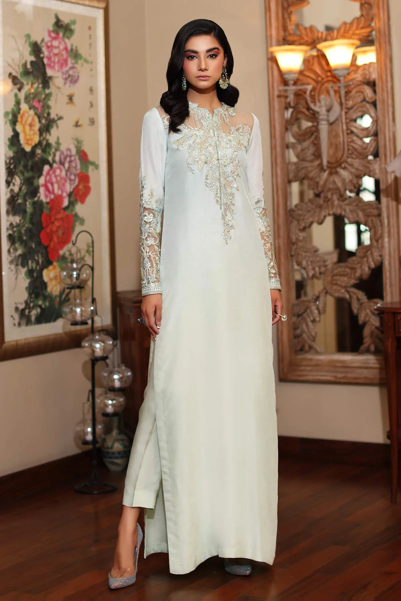 Model wearing a light blue AZURE dress from Musferah Saad's ENCHANTE Eid collection '24, showcasing Pakistani clothes online in the UK.