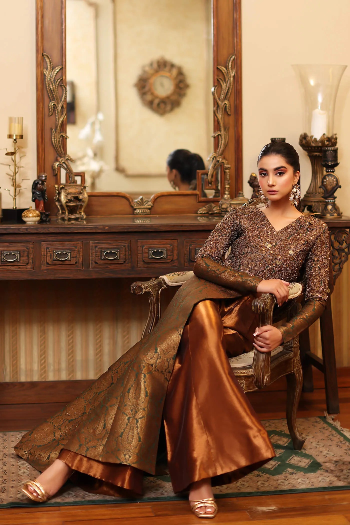 Model in Musferah Saad's ENCHANTED MAJESTY dress, luxe Pakistani fashion, UK collection.