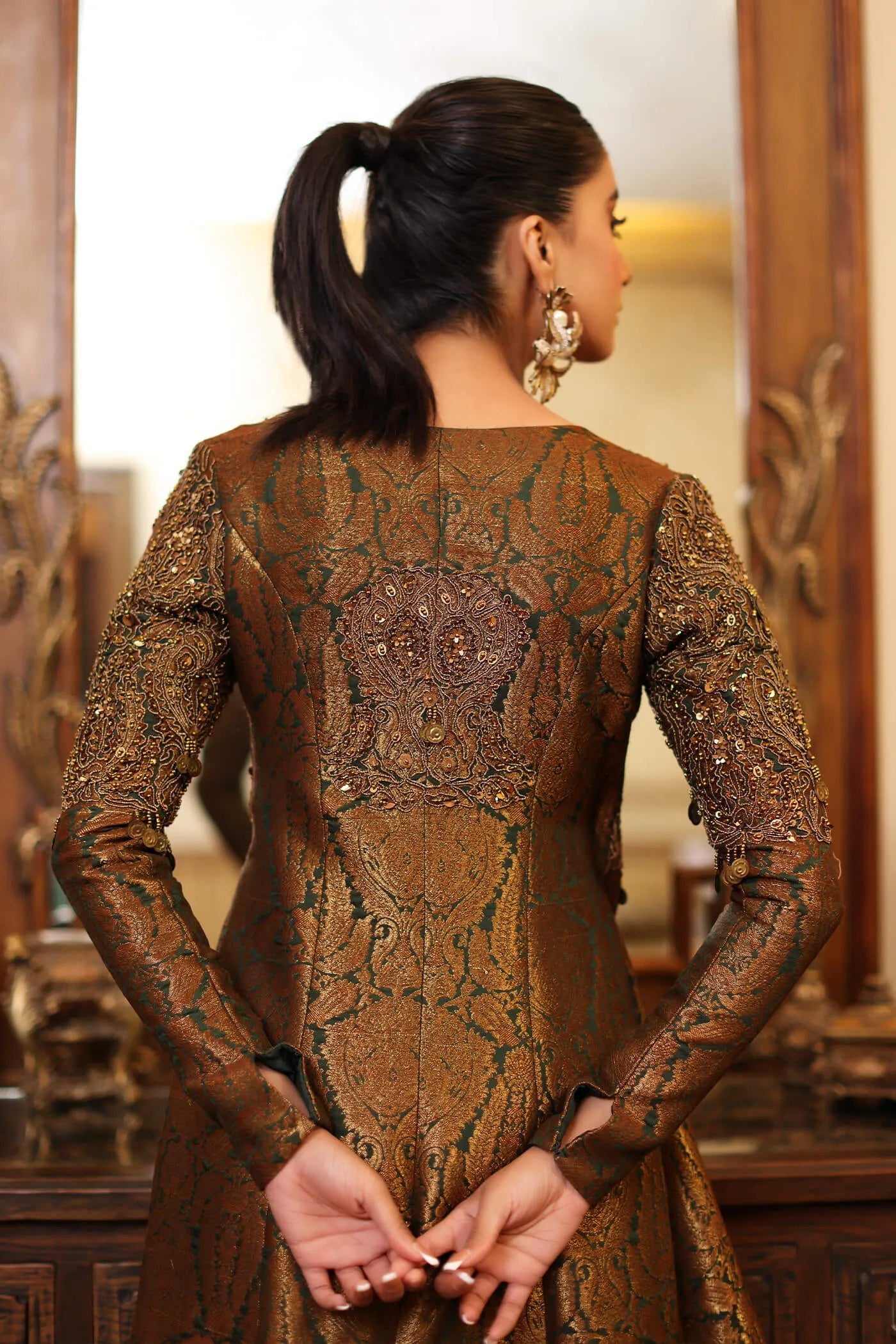 Model in Musferah Saad's ENCHANTED MAJESTY dress, luxe Pakistani fashion, UK collection.