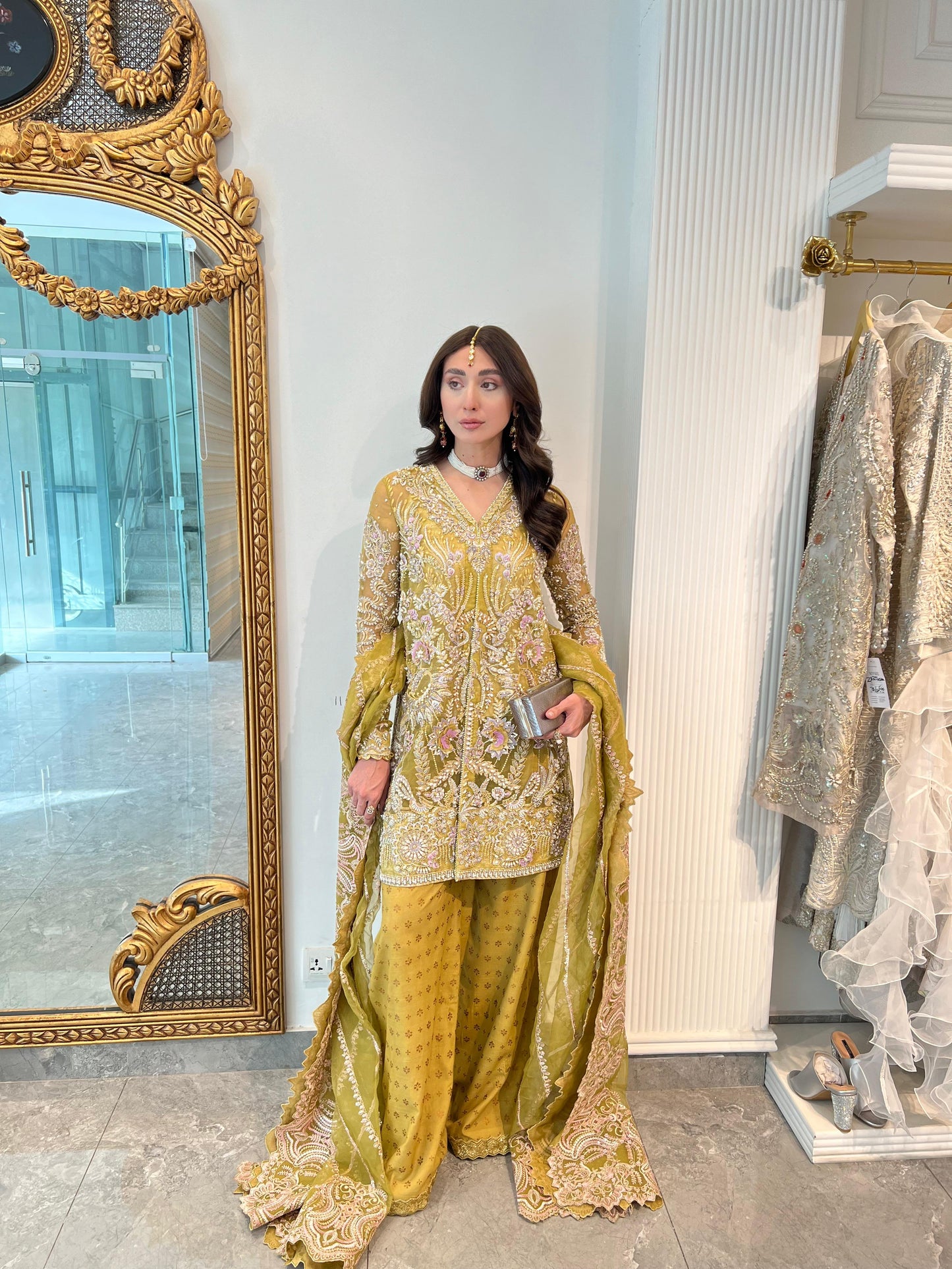 Model wearing Heena from Mysie by Tahira, an intricate yellow embellished ensemble perfect for Pakistani luxury pret in the UK.