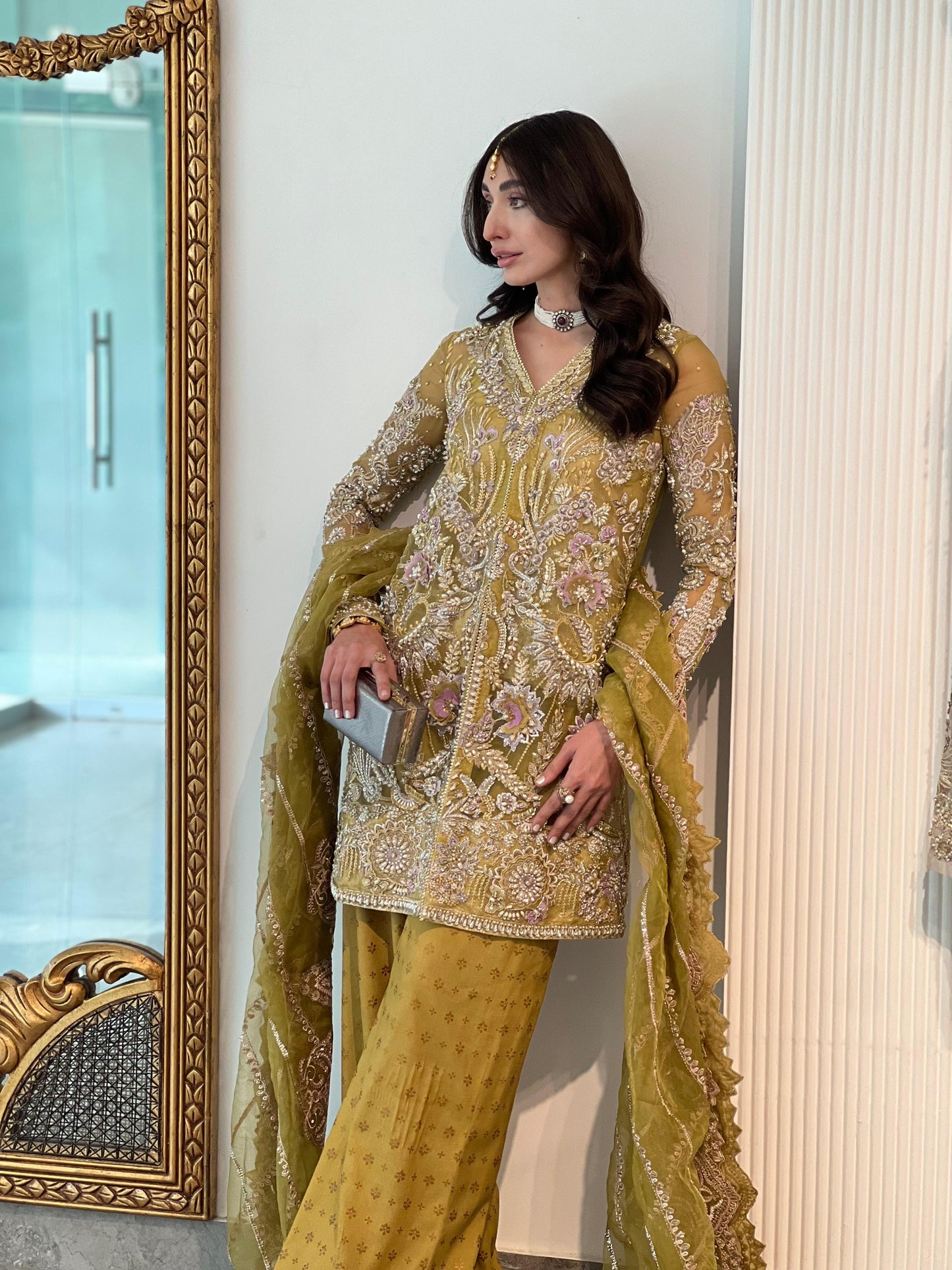 Model wearing Heena from Mysie by Tahira, an intricate yellow embellished ensemble perfect for Pakistani luxury pret in the UK.