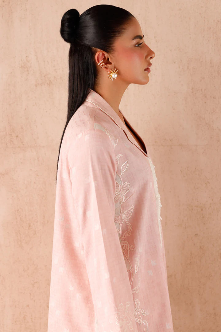 Model wearing pink embroidered coords EP-01 Dena from Qalamkar, Pakistani luxury pret online in UK.
