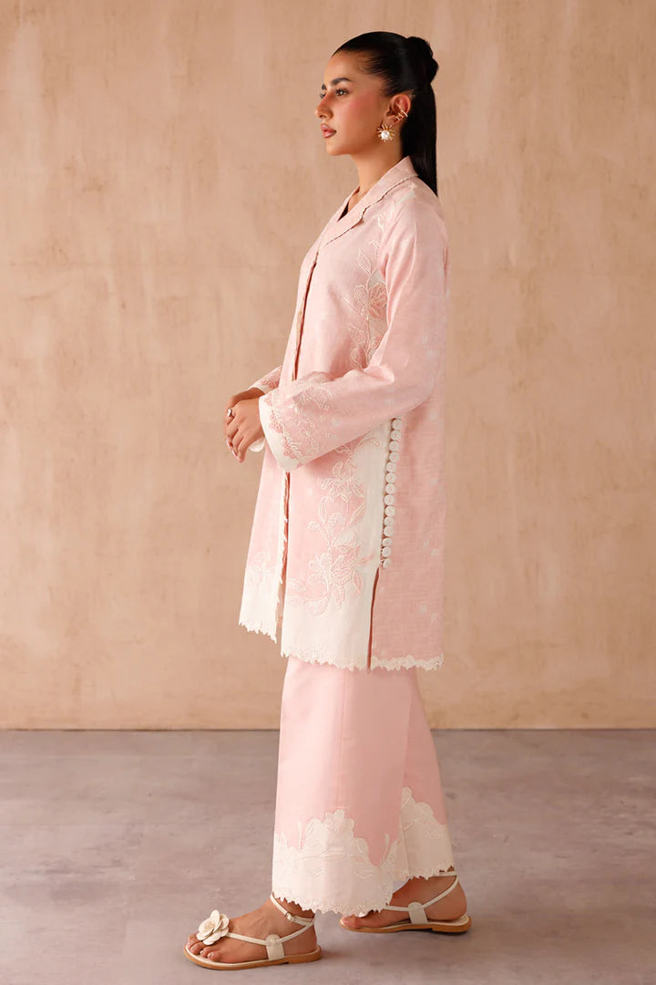Model wearing pink embroidered coords EP-01 Dena from Qalamkar, Pakistani luxury pret online in UK.