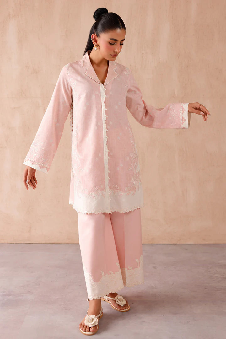 Model wearing pink embroidered coords EP-01 Dena from Qalamkar, Pakistani luxury pret online in UK.