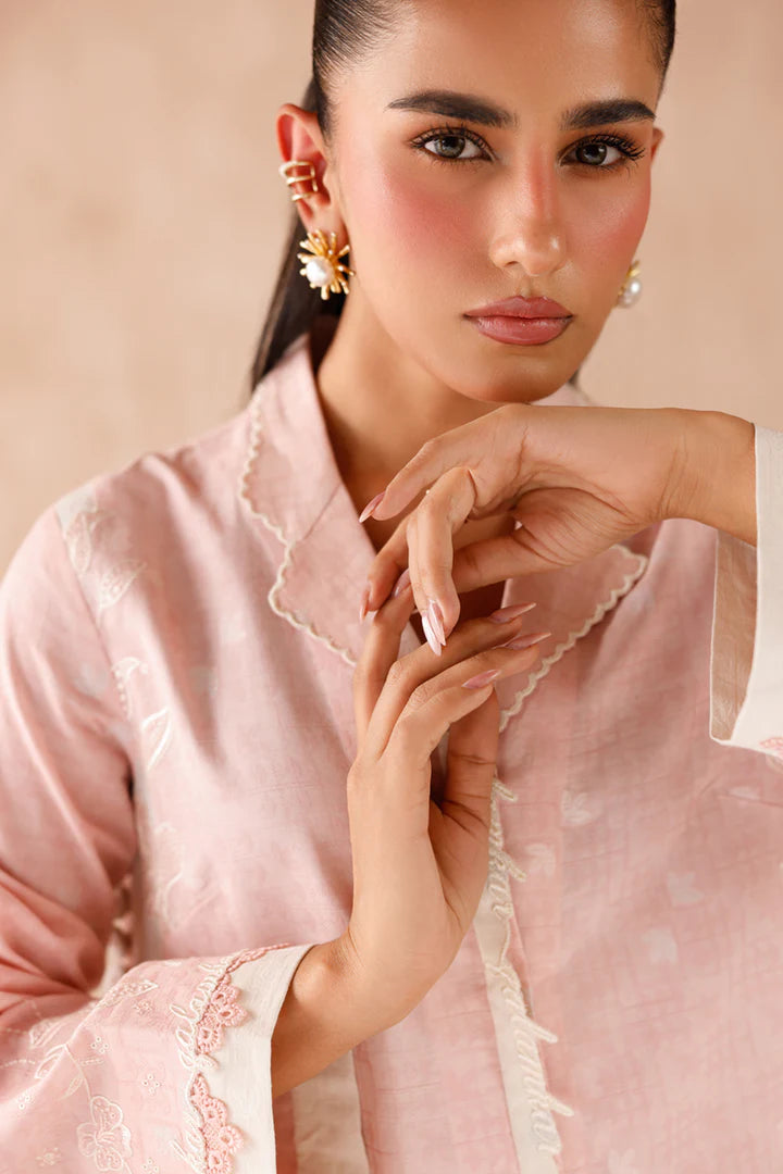 Model wearing pink embroidered coords EP-01 Dena from Qalamkar, Pakistani luxury pret online in UK.