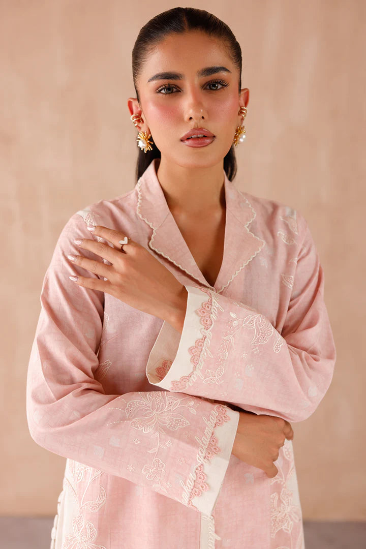 Model wearing pink embroidered coords EP-01 Dena from Qalamkar, Pakistani luxury pret online in UK.