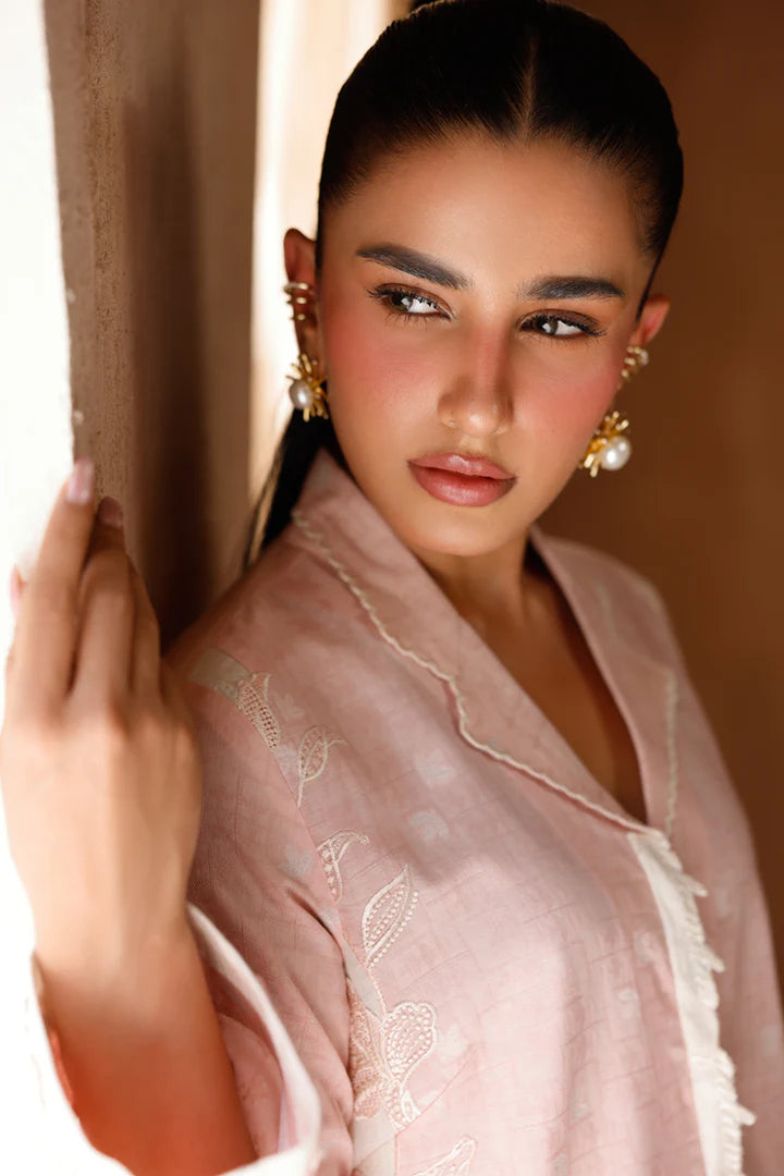 Model wearing pink embroidered coords EP-01 Dena from Qalamkar, Pakistani luxury pret online in UK.