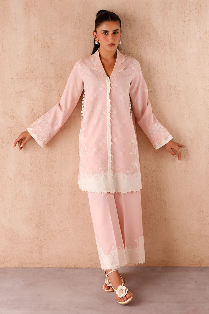 Model wearing pink embroidered coords EP-01 Dena from Qalamkar, Pakistani luxury pret online in UK.